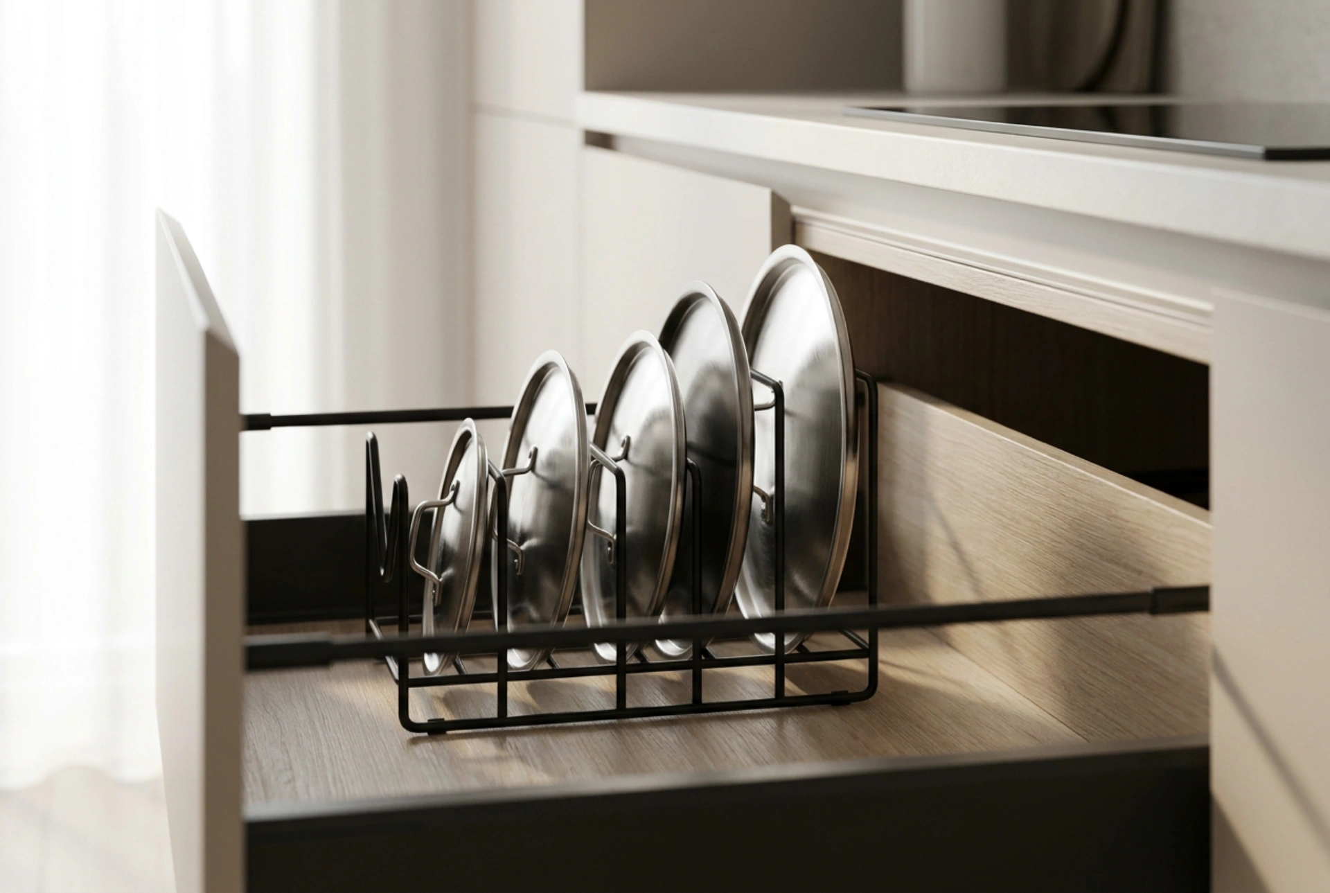 Ako usporiadať pokrievky na hrnce v praktickom organizéri